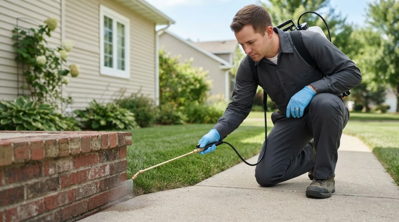 Pest control technician treating a home near Gifford, PA